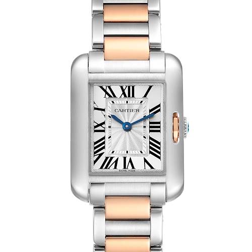 The image displays a front view of the Cartier Tank Anglaise W5310036 Women's Steel and Gold (two tone) Silver Dial W5310036 Women's Steel and Gold (two tone) Silver Dial watch, showing its face and bi-color metal bracelet.