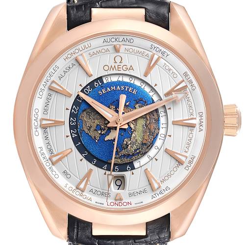 The Omega Aqua Terra 220.53.43.22.02.001 Men's Rose Gold Silver Dial 220.53.43.22.02.001 Men's Rose Gold Silver Dial watch is shown from a top-down angle, highlighting the intricate dial and city markings.