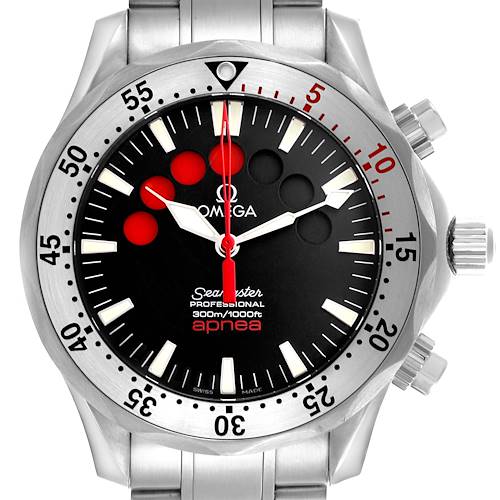 The Omega Seamaster 2595.50.00 Men's Stainless Steel Black Dial 2595.50.00 Men's Stainless Steel Black Dial watch is shown from the front, displaying its face, bezel, and side crowns.