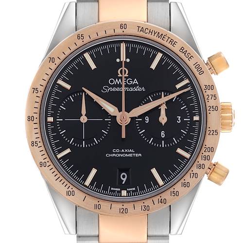 The Omega Speedmaster 331.20.42.51.01.002 Men's Steel and Gold (two tone) Black Dial 331.20.42.51.01.002 Men's Steel and Gold (two tone) Black Dial is shown from the front, highlighting its dial, tachymeter bezel, and crown.
