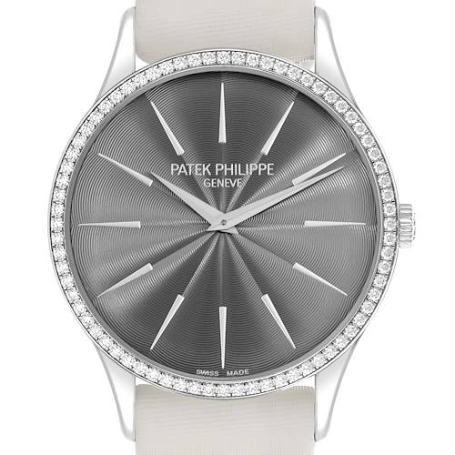 The Patek Philippe Calatrava 4897G Women's White Gold Grey Dial 4897G Women's White Gold Grey Dial watch is shown from the front, displaying its grey dial, diamond-studded bezel, and silver-tone hands.