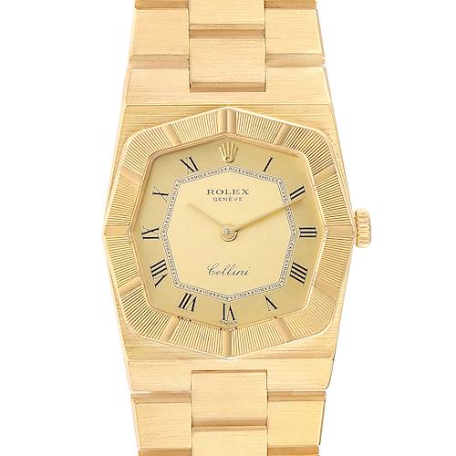 The image shows a frontal view of a Rolex Cellini 4360 Women's Yellow Gold Champagne Dial 4360 Women's Yellow Gold Champagne Dial watch with a gold bracelet, dial, and case.