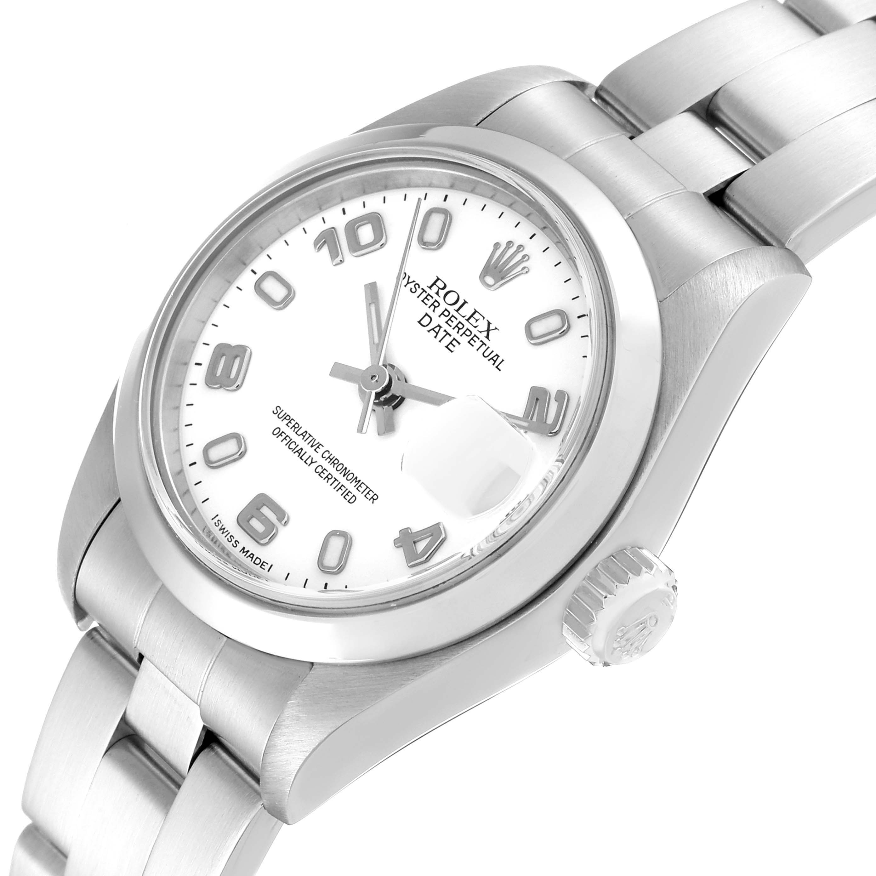 The image shows a Rolex Date 79160 Women's Stainless Steel White Dial 79160 Women's Stainless Steel White Dial model watch at an angled close-up, highlighting the dial, bezel, crown, and bracelet.