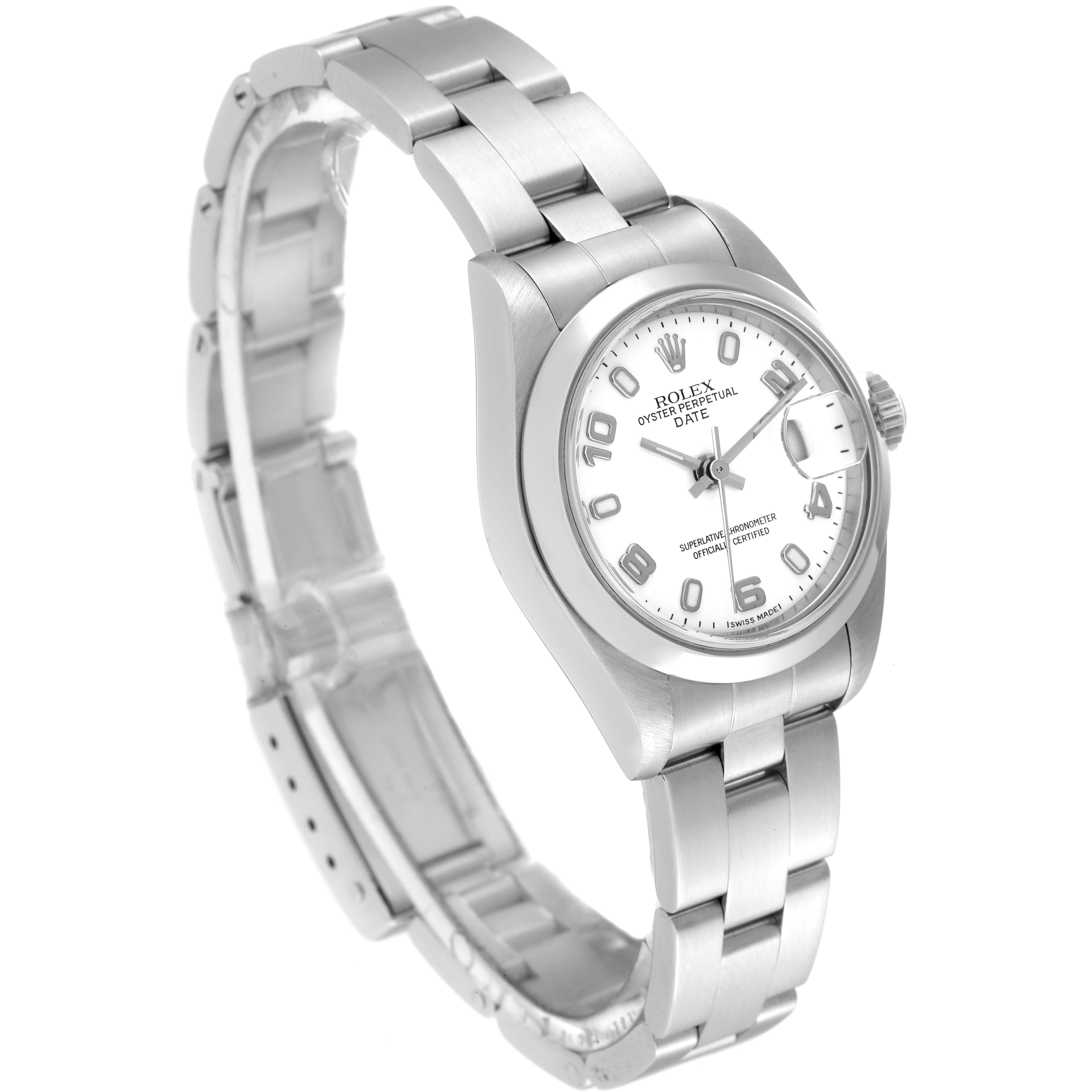 The image shows a Rolex Date 79160 Women's Stainless Steel White Dial 79160 Women's Stainless Steel White Dial model watch angled from the front-left, displaying the dial, bezel, case, and bracelet.