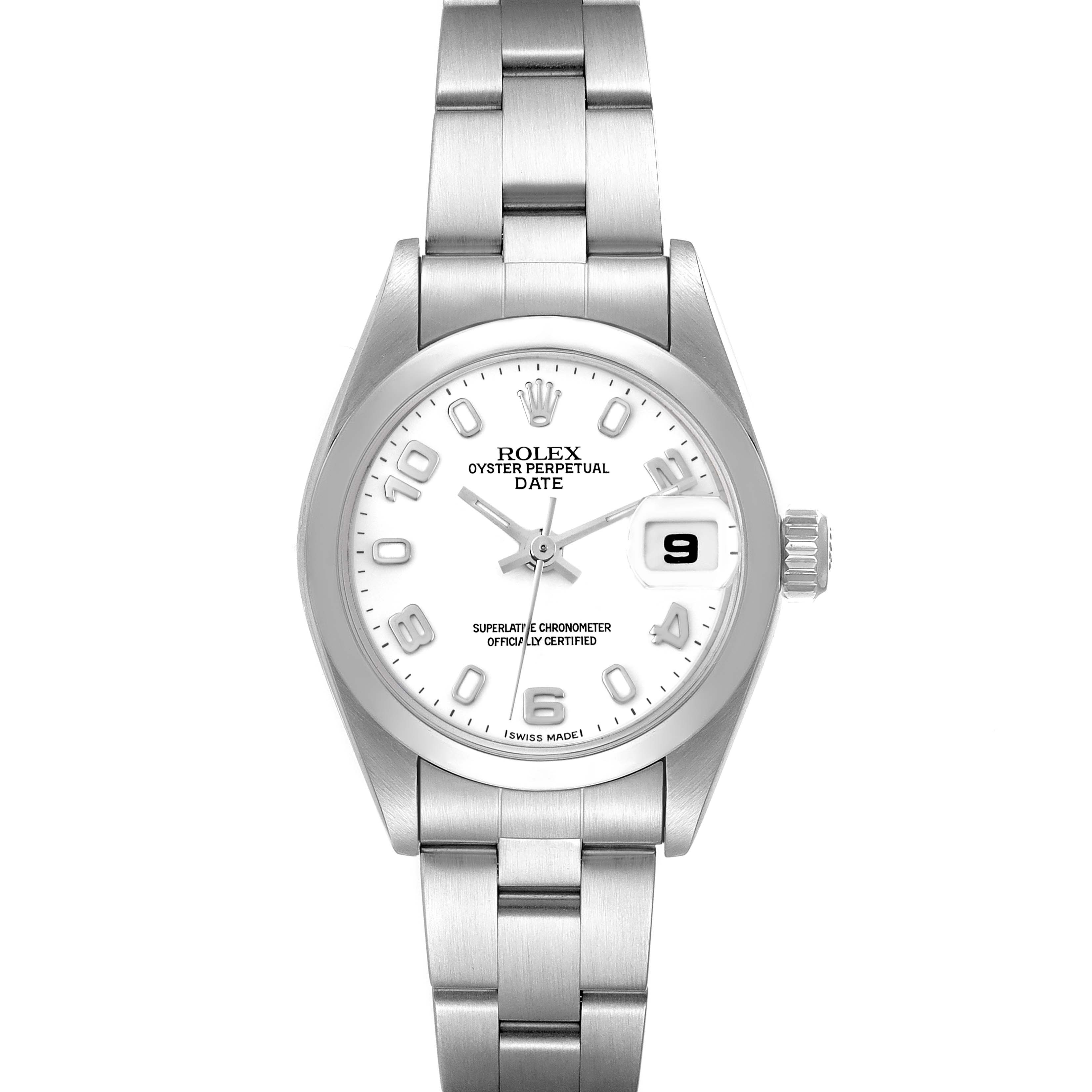 The image shows a front view of a Rolex Oyster Perpetual Date watch, highlighting its dial, bracelet, and crown.