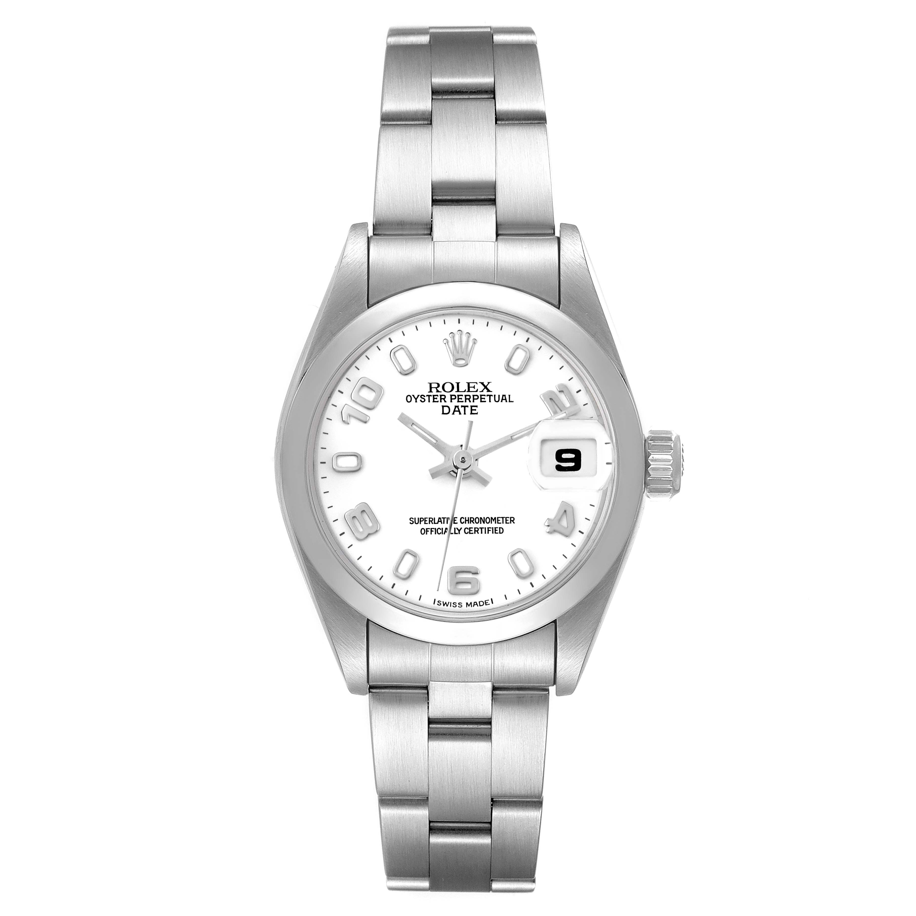 This image shows a front view of a Rolex Date 79160 Women's Stainless Steel White Dial 79160 Women's Stainless Steel White Dial model watch, displaying the dial, bezel, bracelet, crown, and date window.