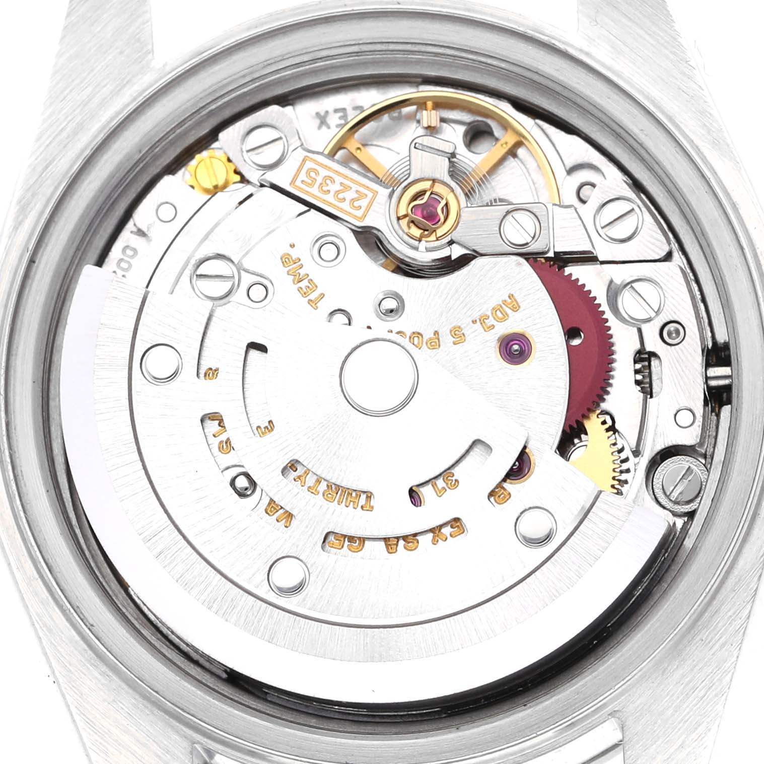 This image shows the movement of the Rolex Date 79160 Women's Stainless Steel White Dial 79160 Women's Stainless Steel White Dial model watch from the back, highlighting its mechanical components.
