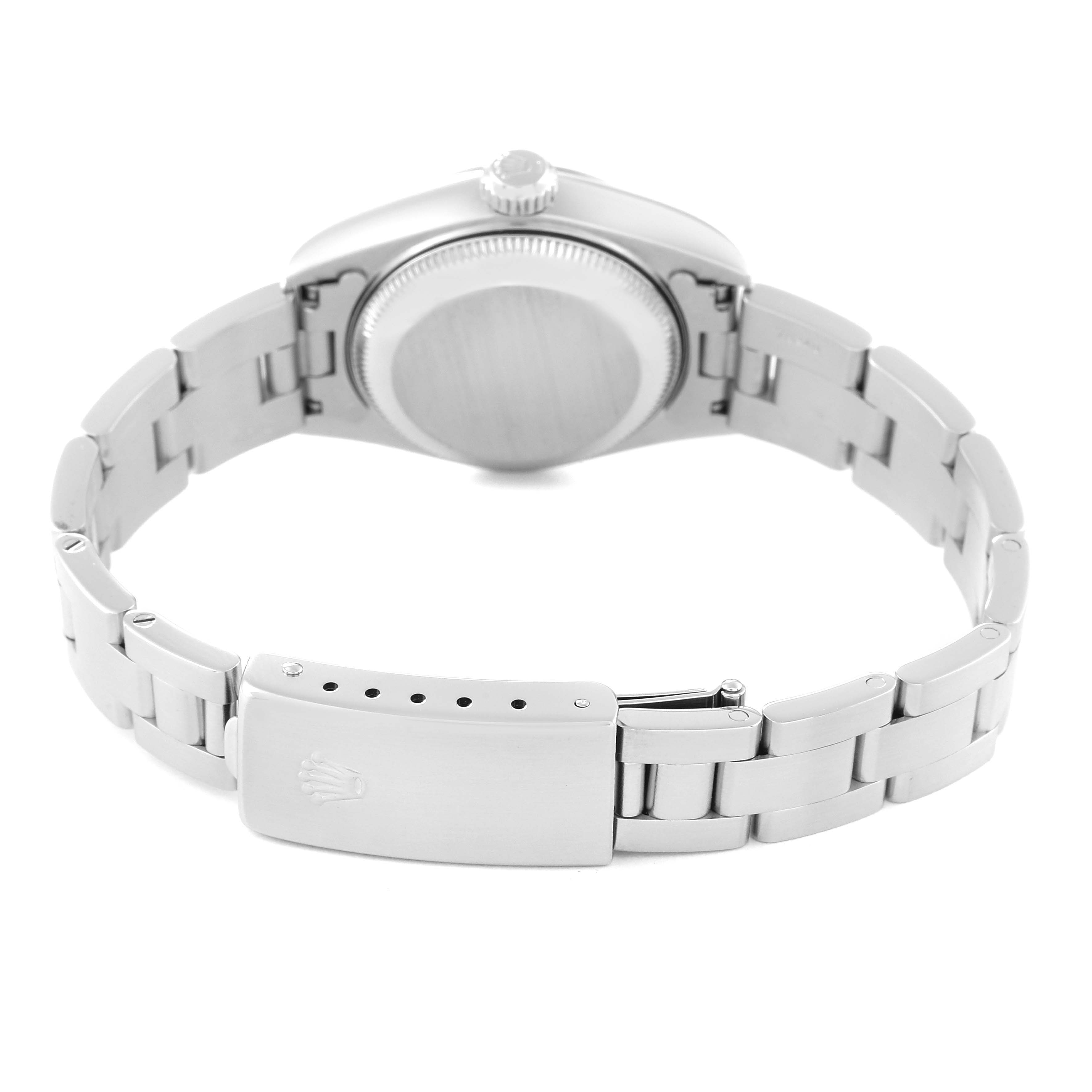 This image shows the back view and clasp of the Rolex Date 79160 Women's Stainless Steel White Dial 79160 Women's Stainless Steel White Dial model watch with the bracelet open.