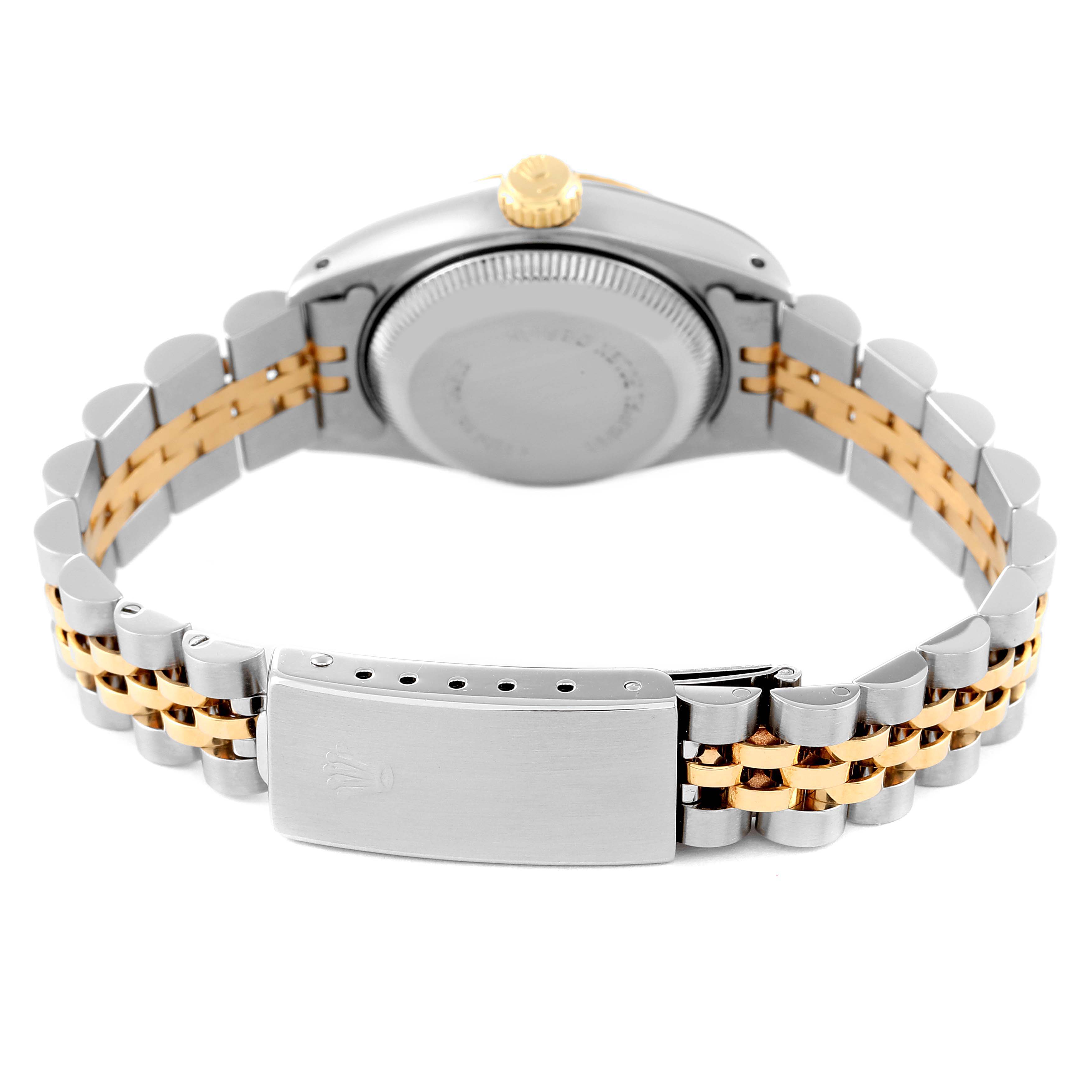 The image shows the back view of the Rolex Datejust 69173 Women's Steel and Gold (two tone) Champagne Dial 69173 Women's Steel and Gold (two tone) Champagne Dial watch, highlighting the clasp, bracelet, and case back.