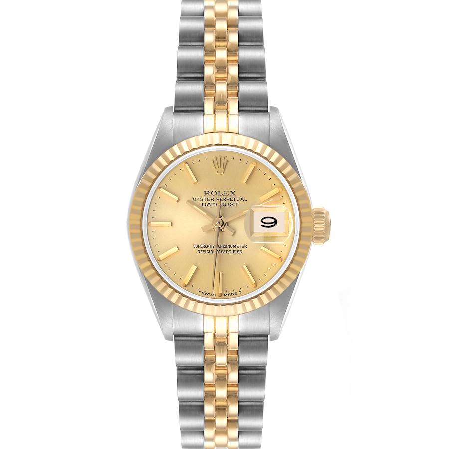 The Rolex Datejust 69173 Women's Steel and Gold (two tone) Champagne Dial 69173 Women's Steel and Gold (two tone) Champagne Dial watch is shown from a top-down angle, displaying its dial, bezel, and two-tone bracelet.