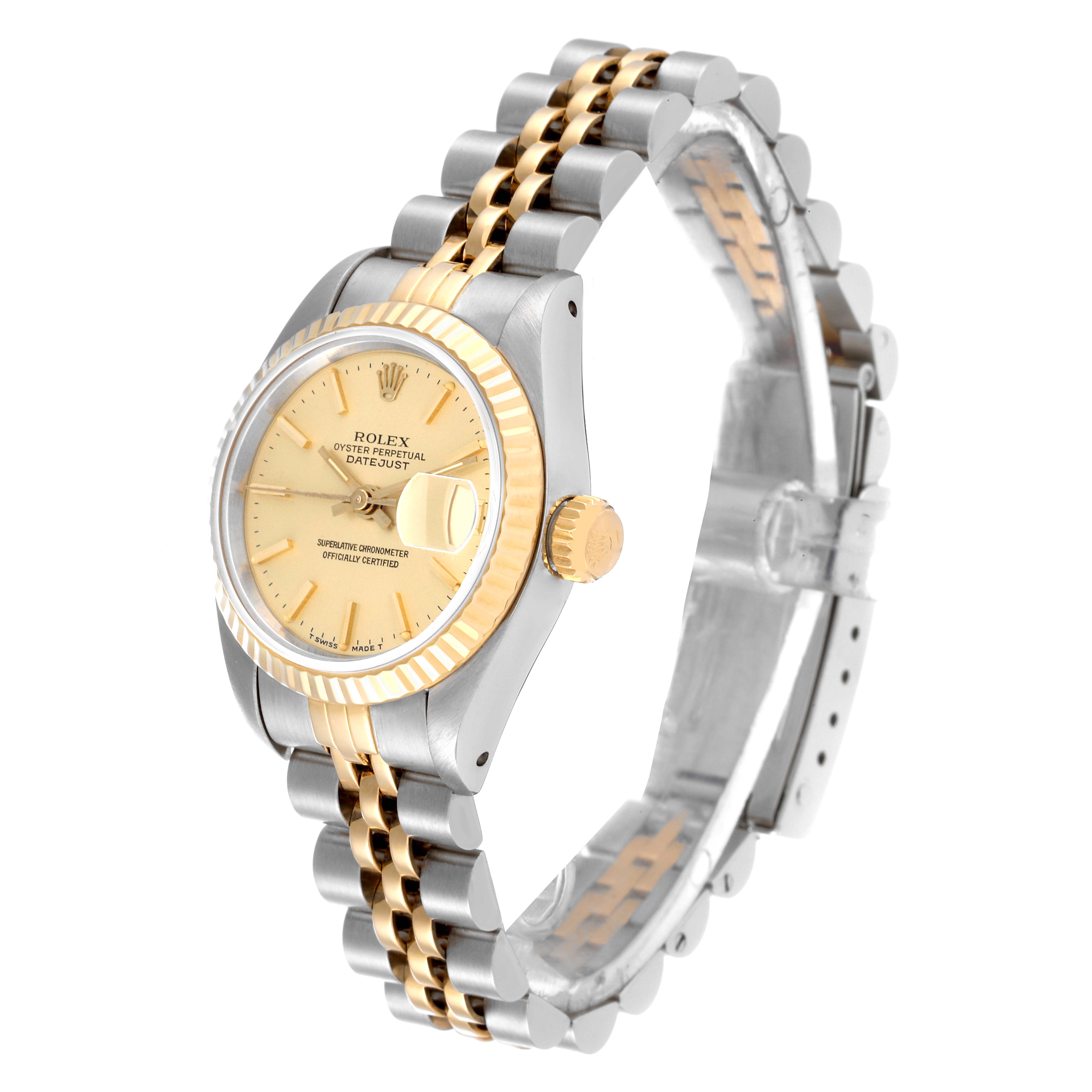 The image shows the Rolex Datejust 69173 Women's Steel and Gold (two tone) Champagne Dial 69173 Women's Steel and Gold (two tone) Champagne Dial watch at a three-quarter angle, highlighting the dial, bezel, crown, and bracelet.