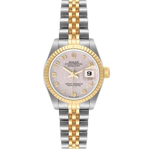 The image shows a front view of a Rolex Datejust 69173 Women's Steel and Gold (two tone) Beige Dial 69173 Women's Steel and Gold (two tone) Beige Dial watch, displaying its face, bezel, and two-tone bracelet.