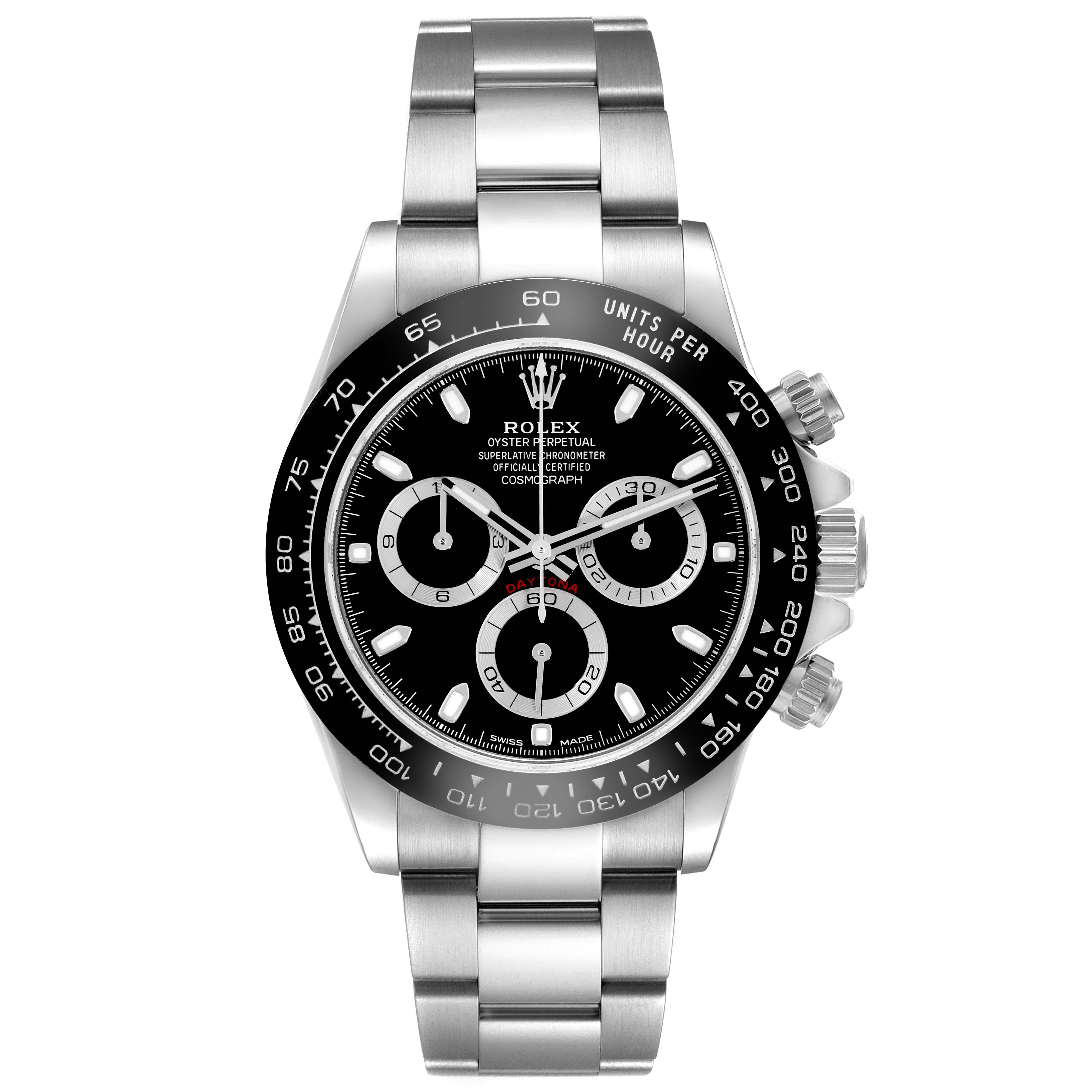 The Rolex Daytona 116500LN Men's Stainless Steel Black Dial 116500LN Men's Stainless Steel Black Dial watch is shown from the front, displaying its black dial, bezel, chronograph subdials, and bracelet.