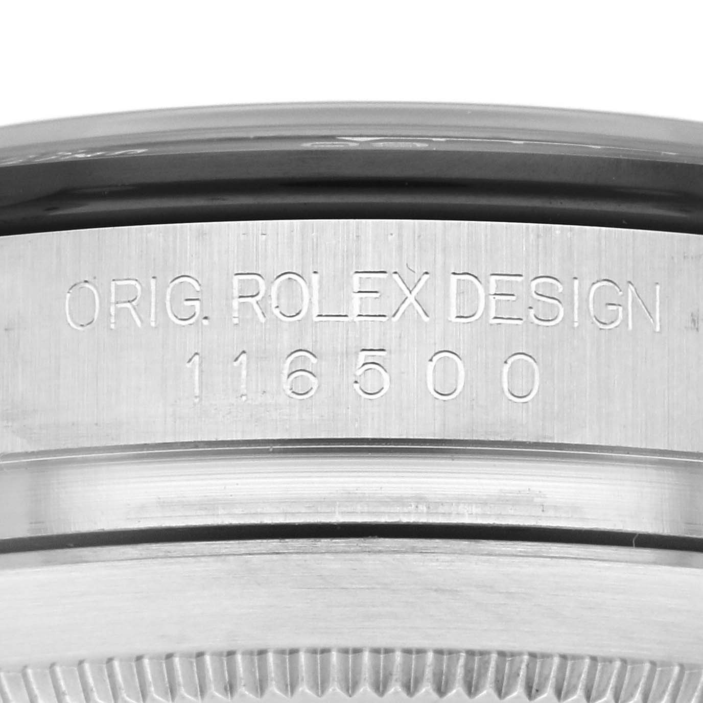 The image shows a close-up of the side of a Rolex Daytona 116500LN Men's Stainless Steel Black Dial 116500LN Men's Stainless Steel Black Dial, focusing on the model engraving "ORIG. ROLEX DESIGN 116500."