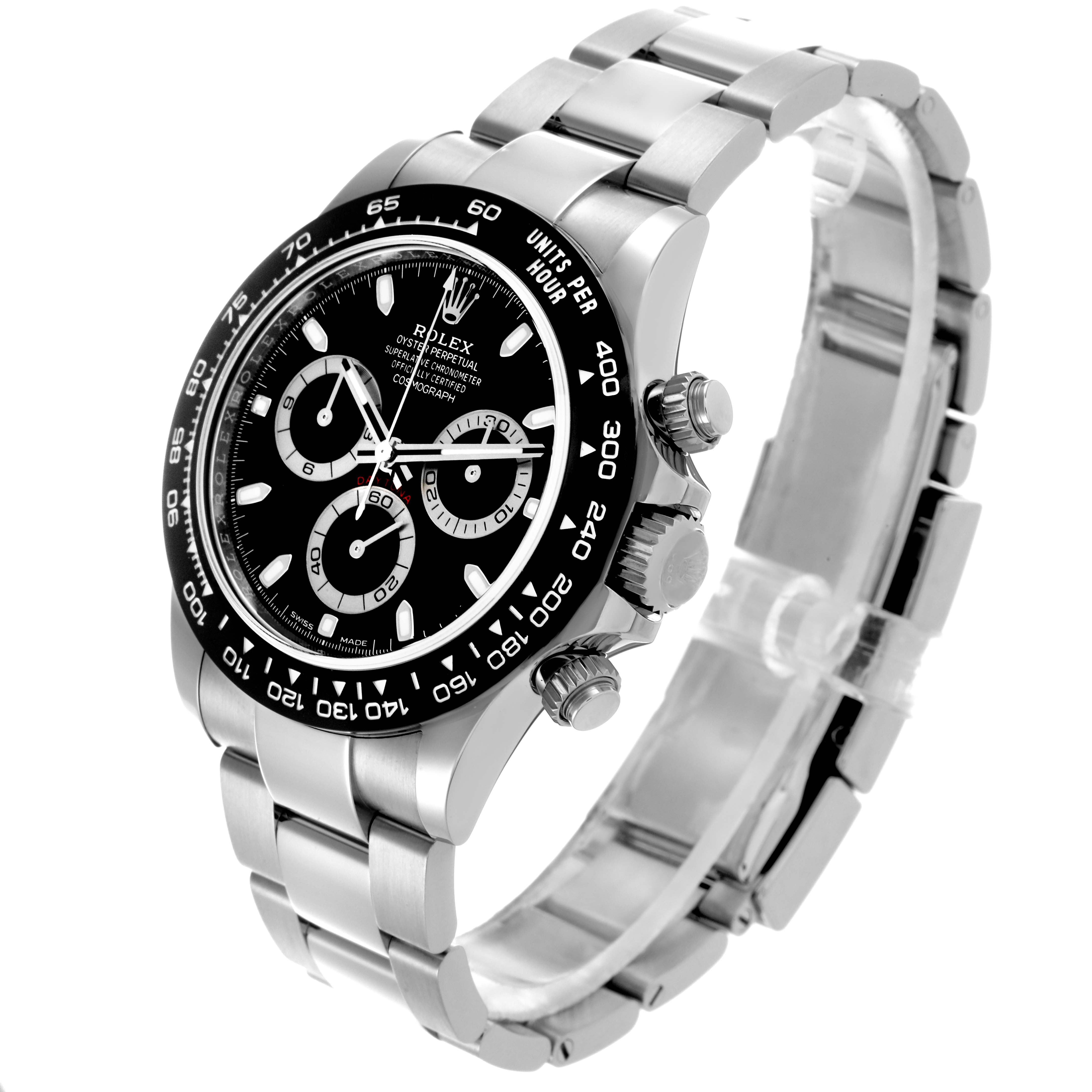 This image shows the Rolex Daytona 116500LN Men's Stainless Steel Black Dial 116500LN Men's Stainless Steel Black Dial watch from a quarter angle, highlighting the face, bezel, and bracelet.