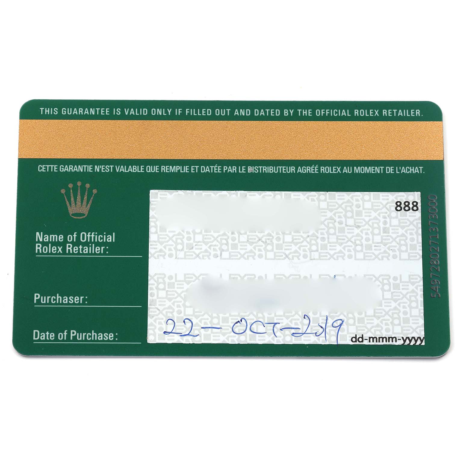 The image shows a warranty card for a Rolex Daytona 116500LN Men's Stainless Steel Black Dial 116500LN Men's Stainless Steel Black Dial, featuring purchase details and the Rolex logo.