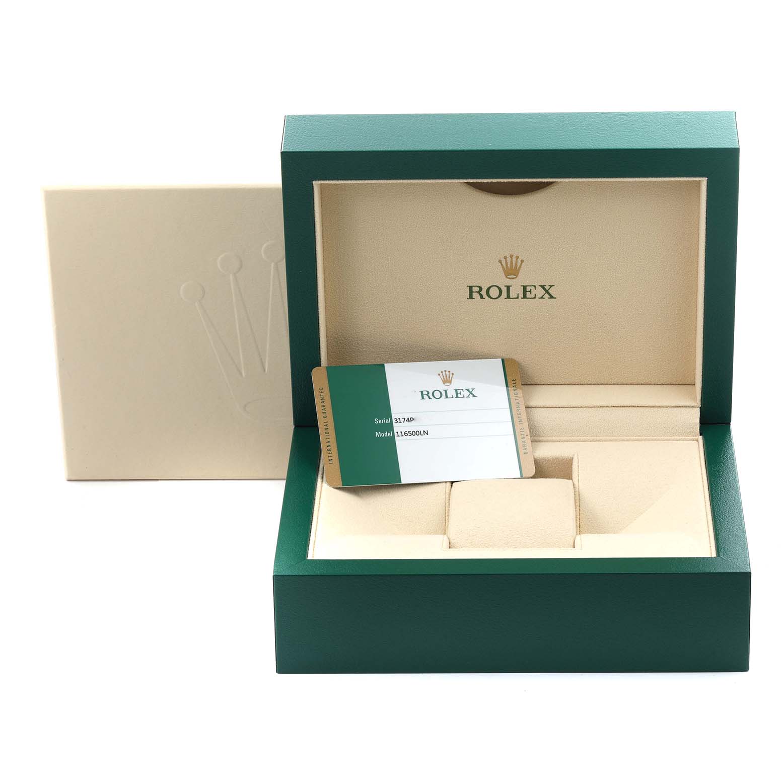 The image shows an open Rolex Daytona 116500LN Men's Stainless Steel Black Dial 116500LN Men's Stainless Steel Black Dial box with a guarantee card inside, viewed from the front.