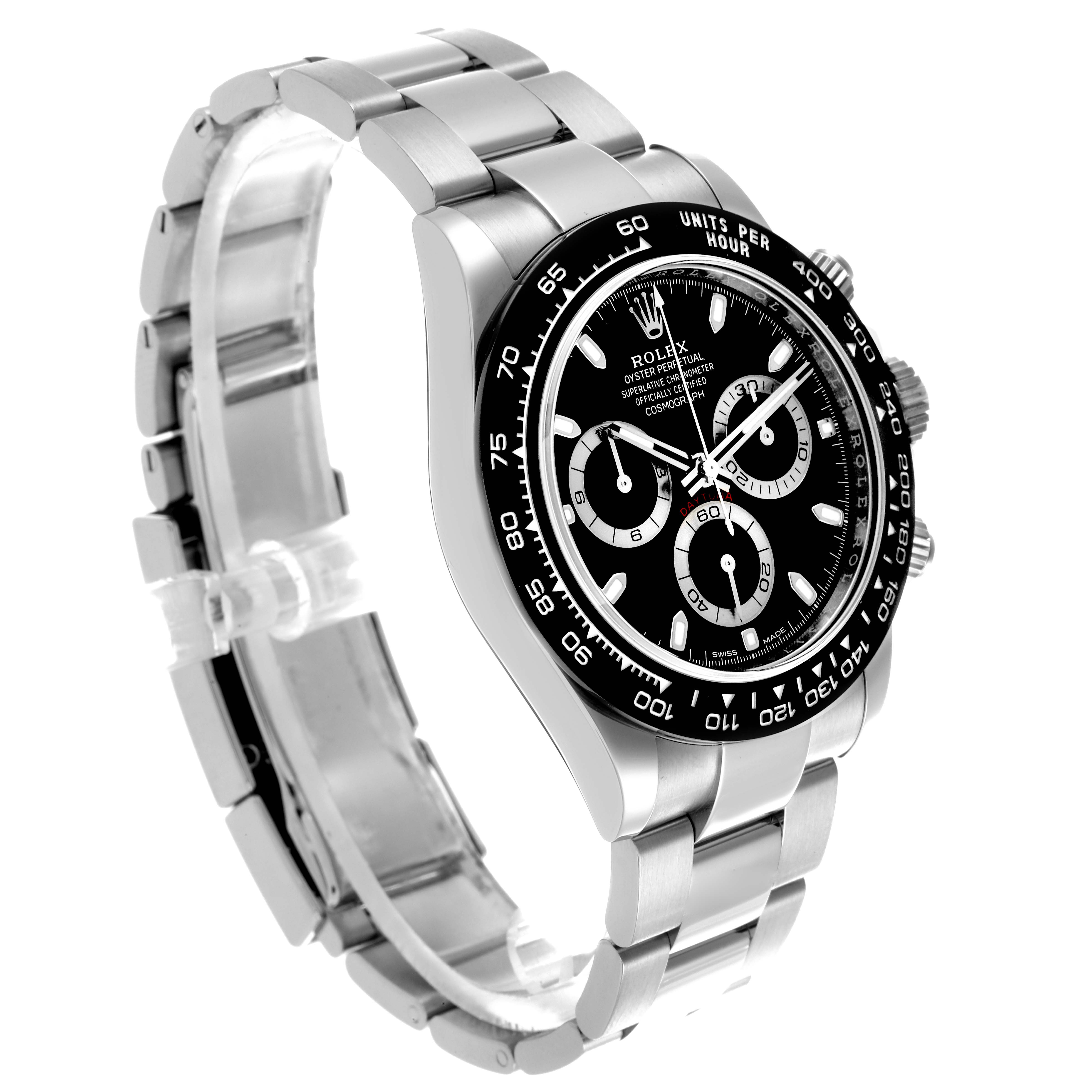 The Rolex Daytona 116500LN Men's Stainless Steel Black Dial 116500LN Men's Stainless Steel Black Dial watch is shown at a slight angle, displaying the face, bezel, and bracelet.