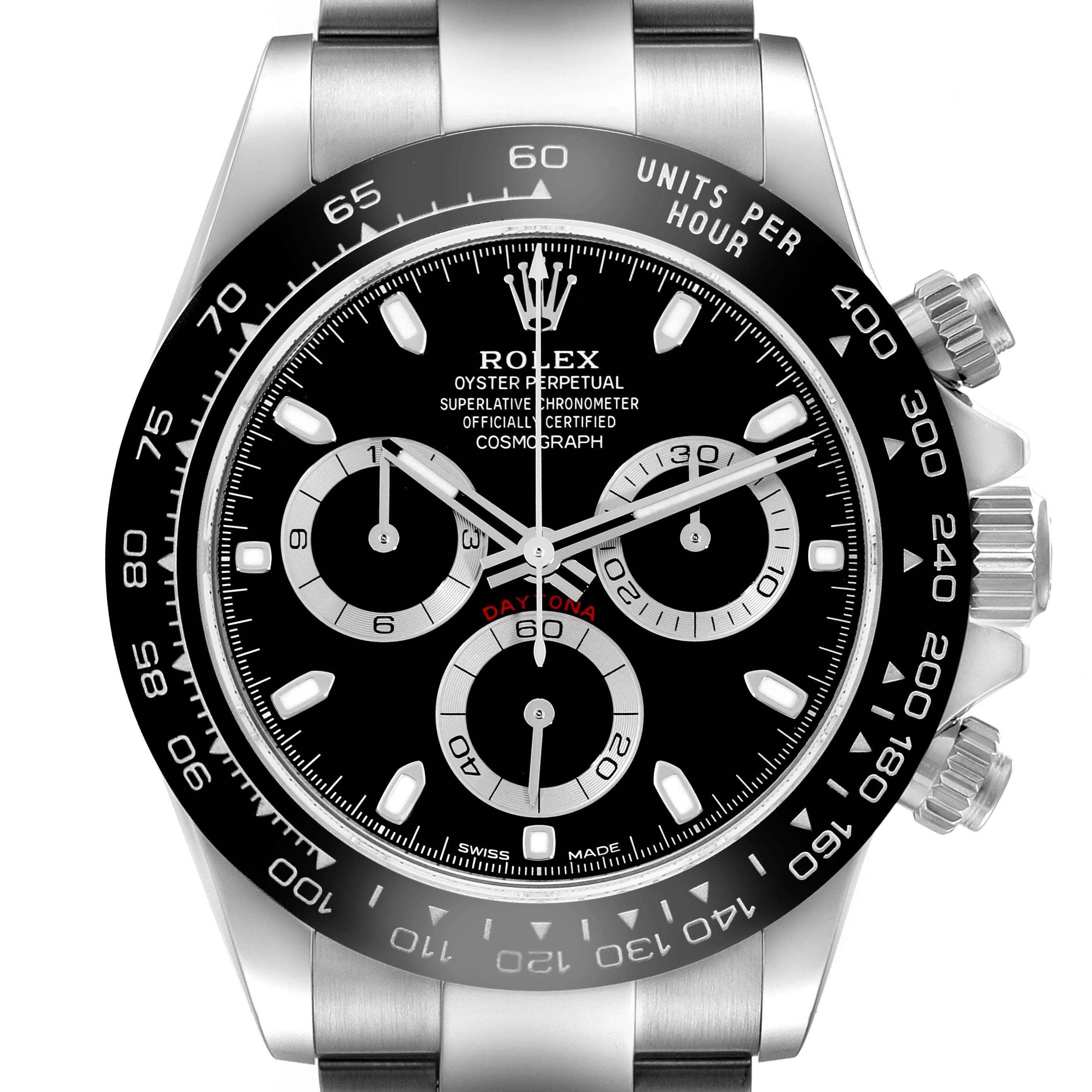 The Rolex Daytona 116500LN Men's Stainless Steel Black Dial 116500LN Men's Stainless Steel Black Dial watch is shown from a front view, highlighting the dial, bezel, and pushers.