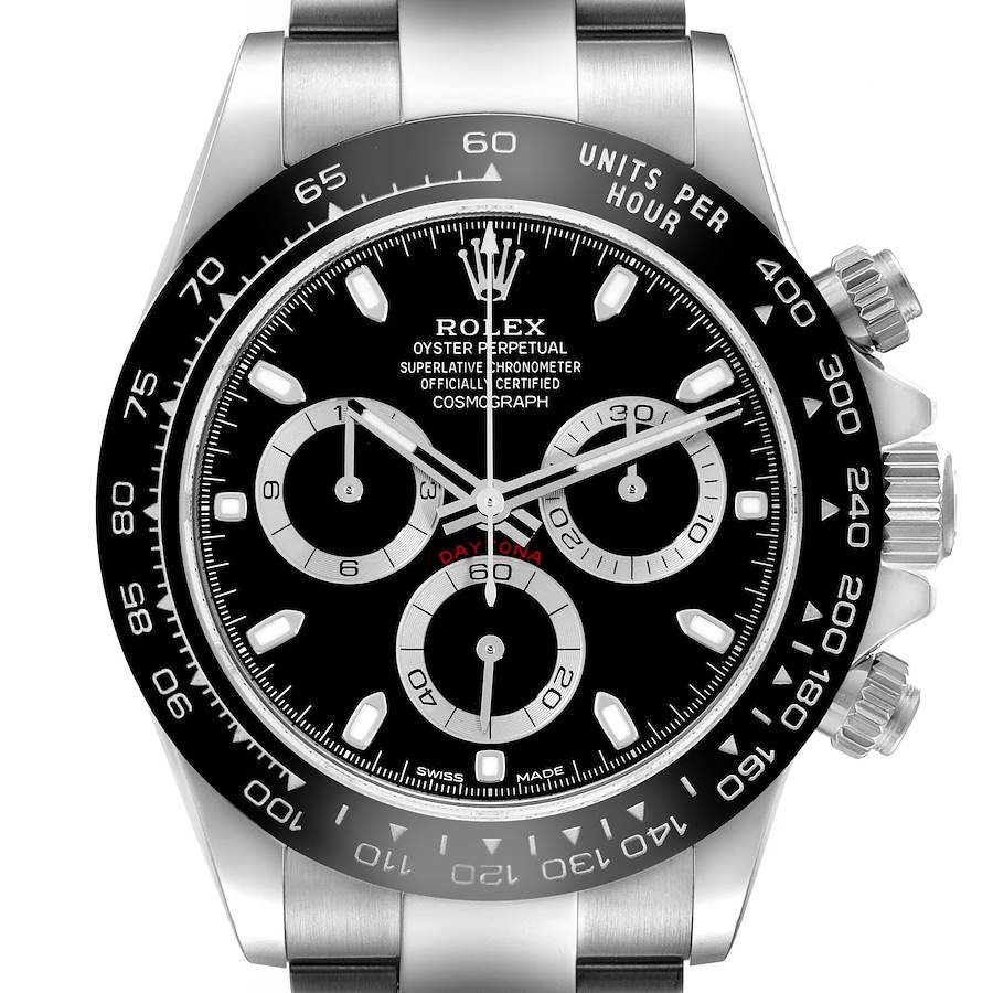 The Rolex Daytona 116500LN Men's Stainless Steel Black Dial 116500LN Men's Stainless Steel Black Dial watch is shown from a front view, highlighting the dial, bezel, and pushers.