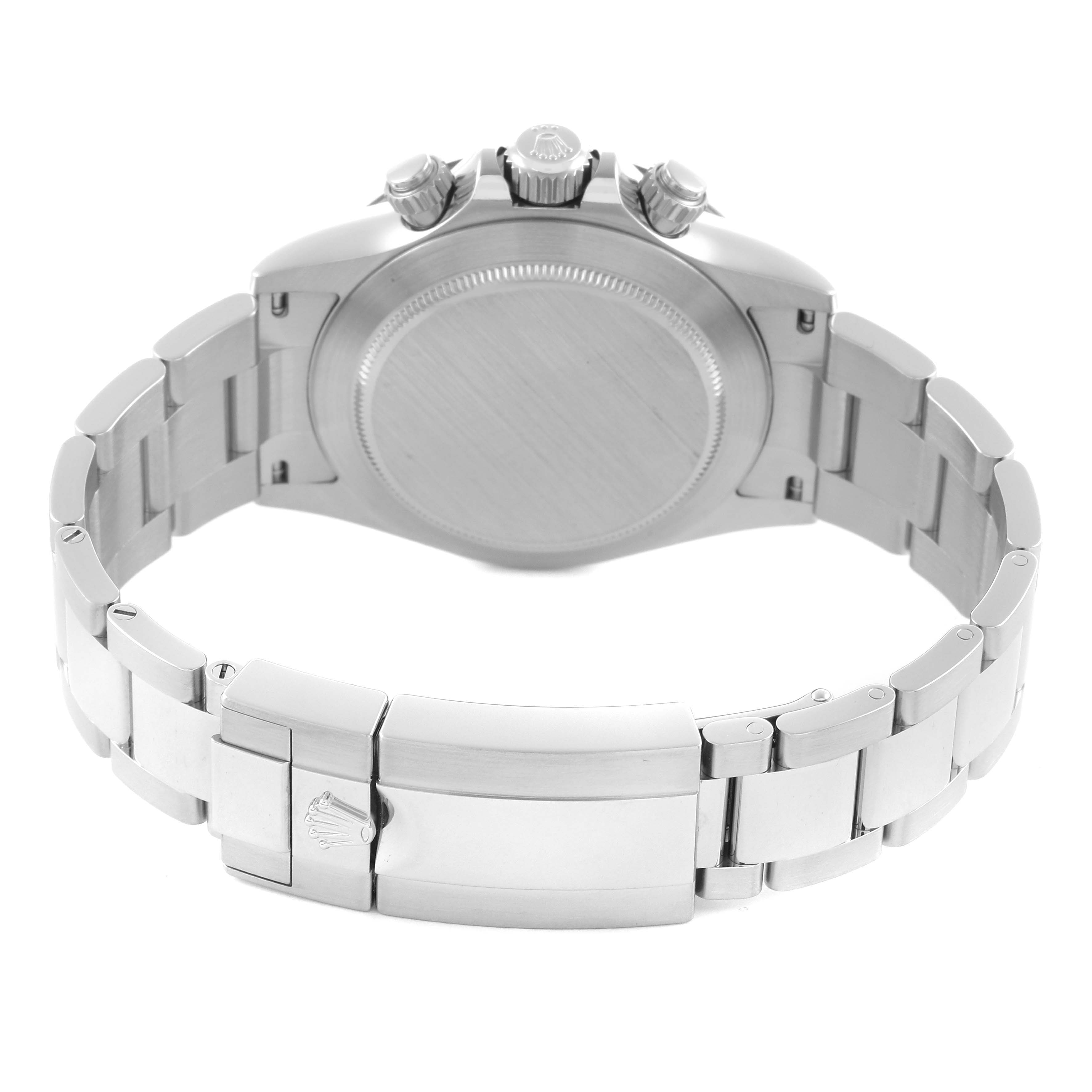 The image shows the back and bracelet of a Rolex Daytona 116500LN Men's Stainless Steel Black Dial 116500LN Men's Stainless Steel Black Dial, highlighting the case back and clasp.