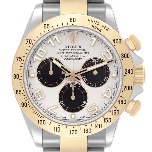 The image shows a frontal view of a Rolex Daytona 116523 Men's Steel and Gold (two tone) Silver Dial 116523 Men's Steel and Gold (two tone) Silver Dial watch, highlighting the dial, bezel, and pushers.