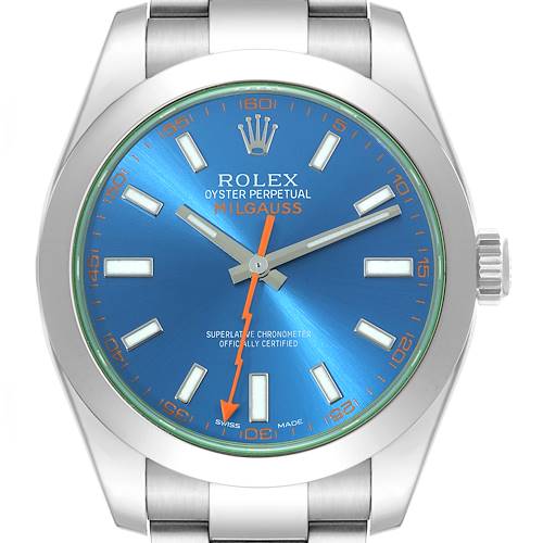 The image shows the front view of the Rolex Milgauss 116400GV Men's Stainless Steel Blue Dial 116400GV Men's Stainless Steel Blue Dial watch, highlighting its blue dial, orange lightning bolt second hand, and stainless steel bracelet.