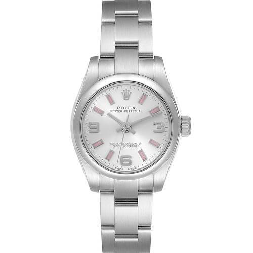 The Rolex Oyster Perpetual 176200 Women's Stainless Steel Silver Dial 176200 Women's Stainless Steel Silver Dial watch is shown from the front, displaying the dial, hands, bracelet, and crown.