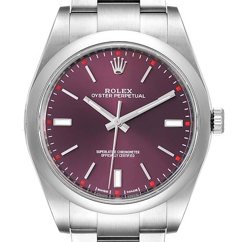 The image shows a front view of a Rolex Oyster Perpetual 114300 Men's Stainless Steel Burgundy Dial 114300 Men's Stainless Steel Burgundy Dial watch, highlighting its dial, crown, and part of the bracelet.