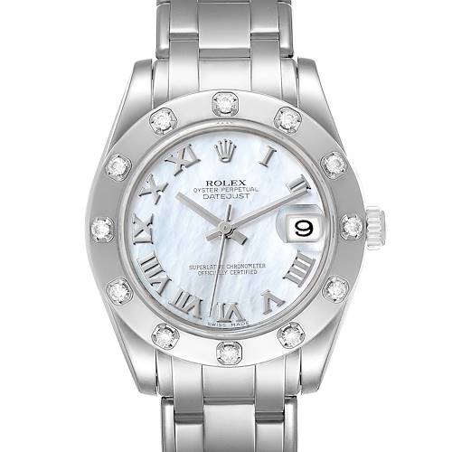 This image shows a frontal view of the Rolex Pearlmaster 81319 Women's White Gold Mother of Pearl Dial 81319 Women's White Gold Mother of Pearl Dial watch, highlighting its face, bezel with diamonds, and bracelet.