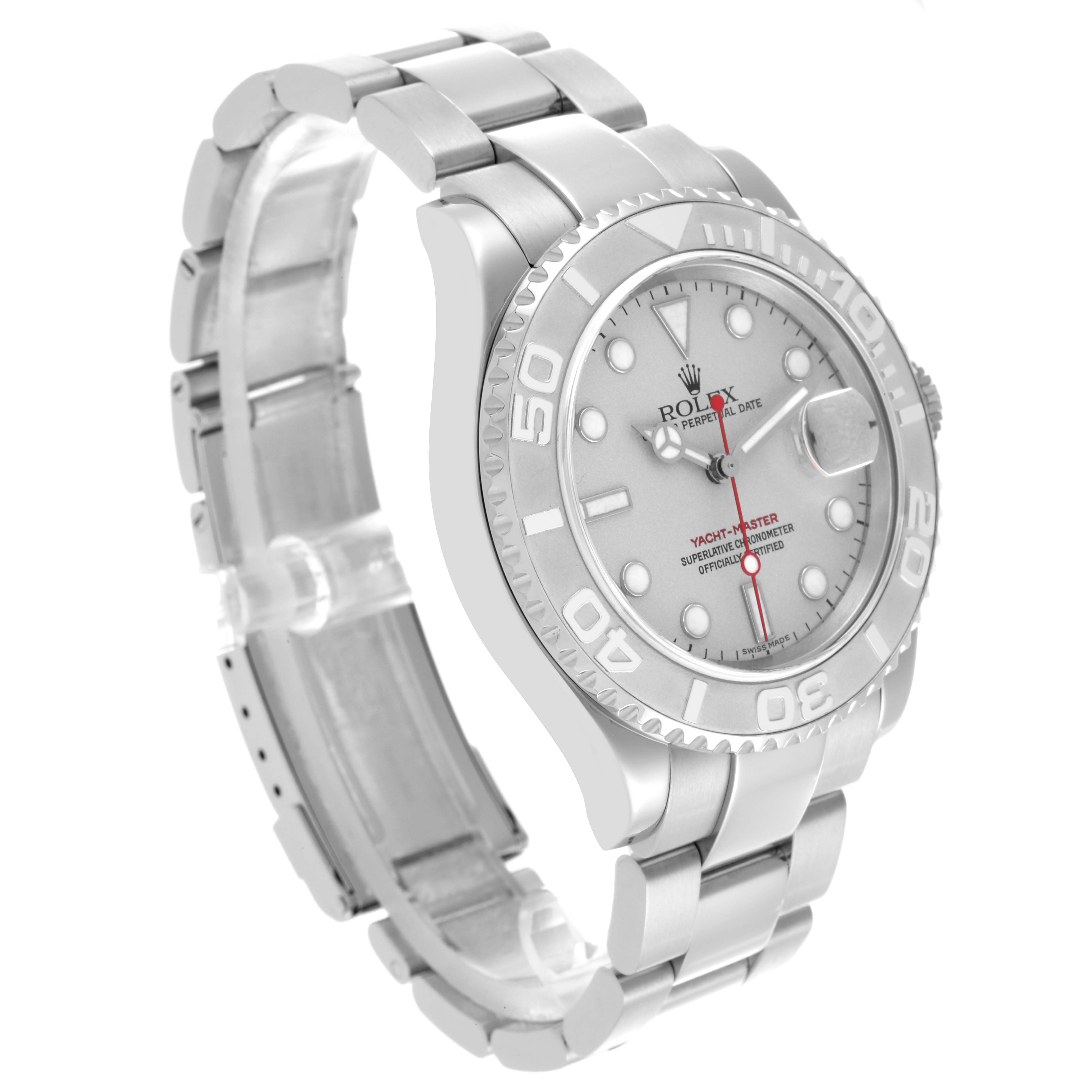 The Rolex Yacht-Master 16622 Men's Stainless Steel Silver Dial 16622 Men's Stainless Steel Silver Dial watch is shown at an oblique angle, highlighting its dial, bezel, and bracelet.
