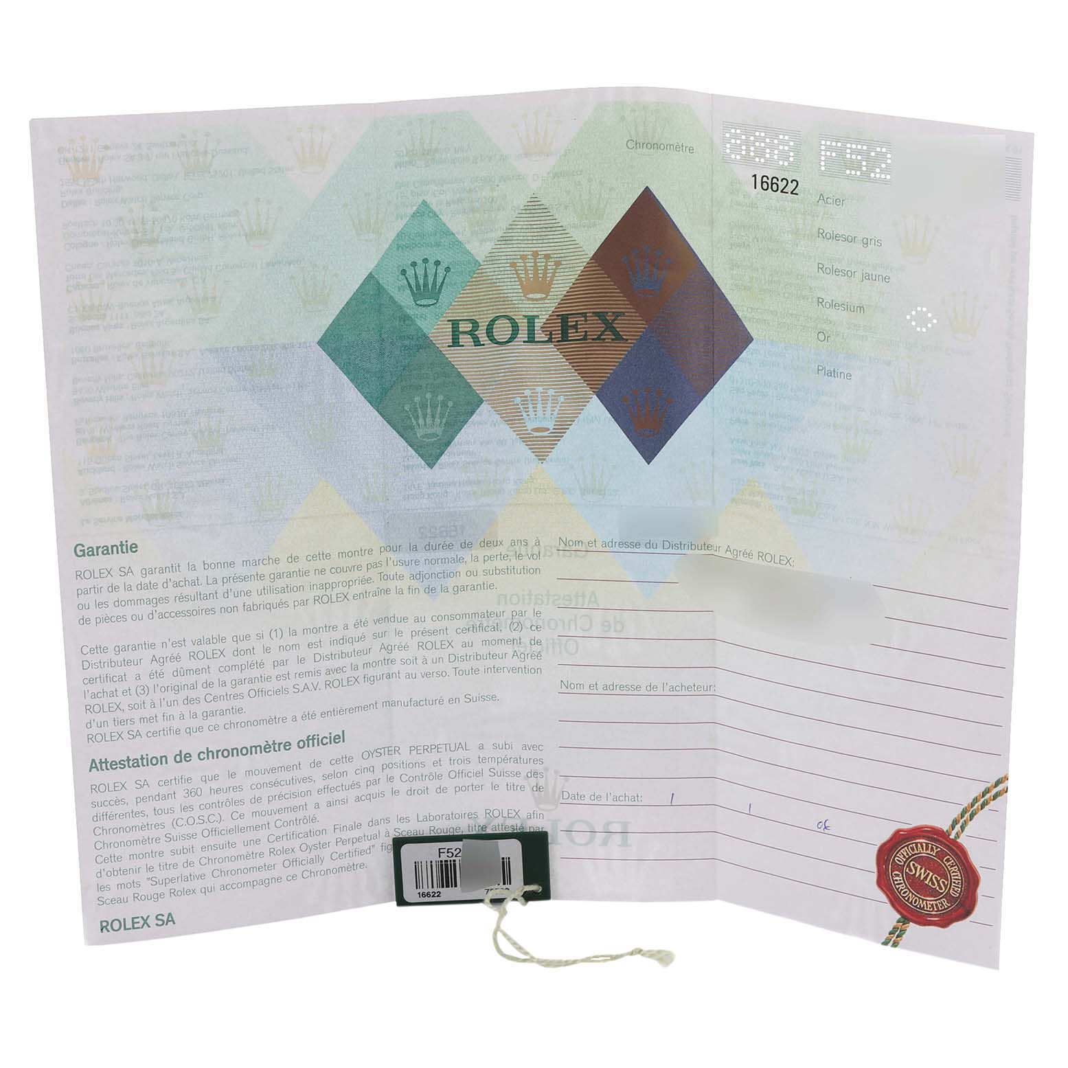 The image shows warranty papers for a Rolex Yacht-Master 16622 Men's Stainless Steel Silver Dial 16622 Men's Stainless Steel Silver Dial watch, featuring the brand name and model details.