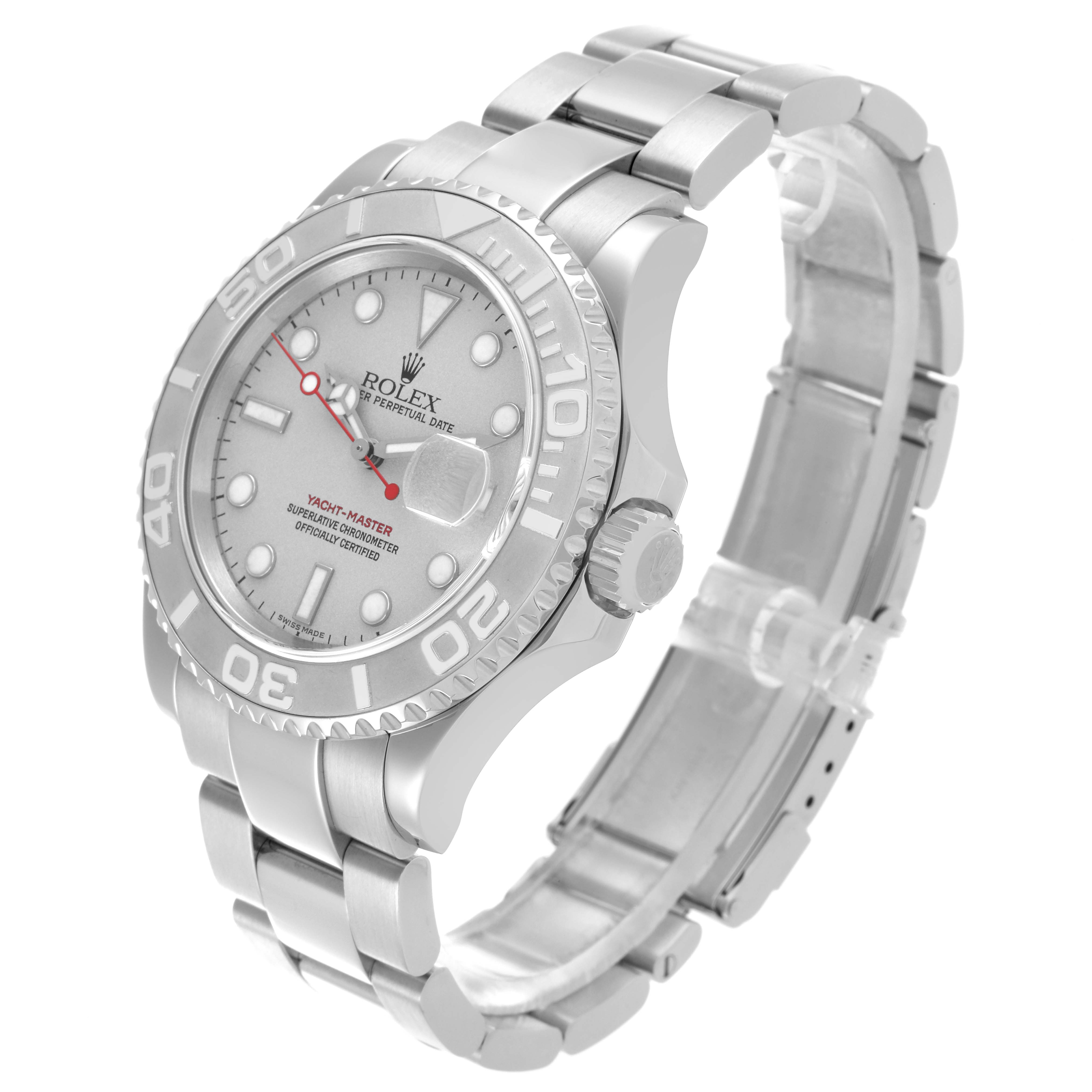 The Rolex Yacht-Master 16622 Men's Stainless Steel Silver Dial 16622 Men's Stainless Steel Silver Dial watch is shown at a three-quarter angle, highlighting the dial, bezel, and stainless steel bracelet.