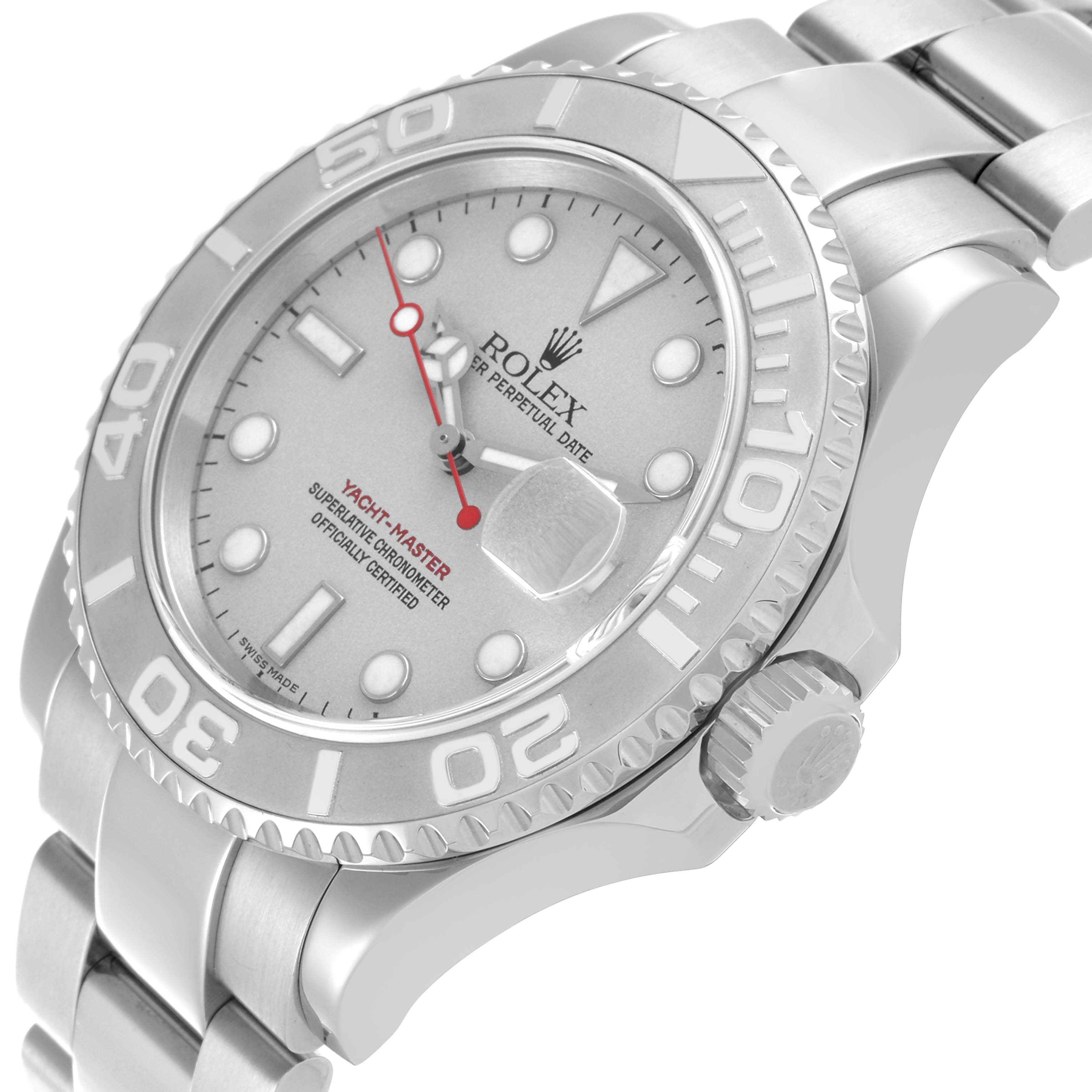 The Rolex Yacht-Master 16622 Men's Stainless Steel Silver Dial 16622 Men's Stainless Steel Silver Dial watch is shown at a slight angle, highlighting the bezel, crown, dial, and part of the bracelet.
