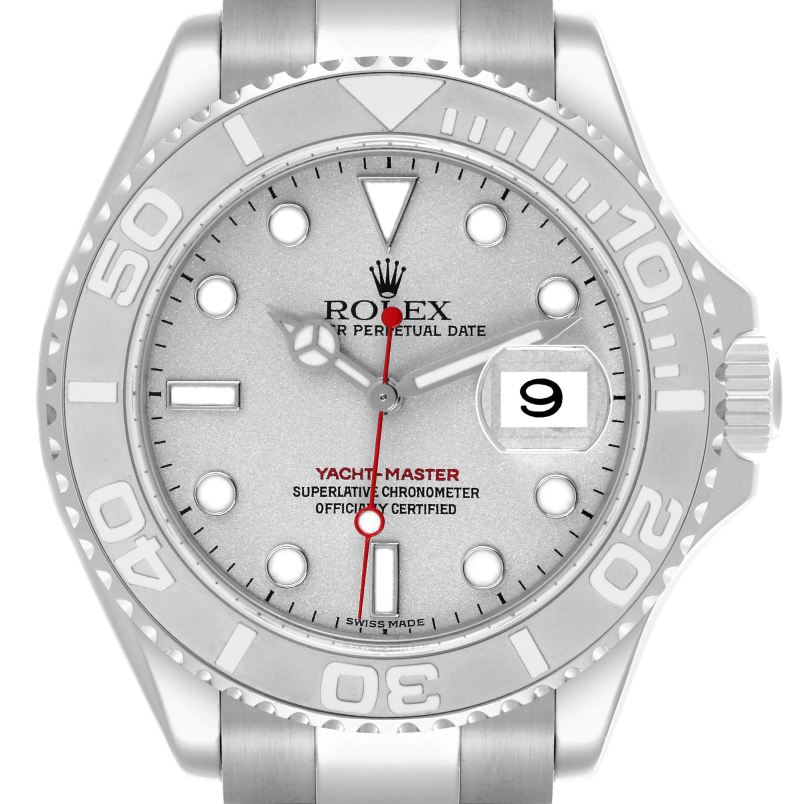 The image shows a front view of the Rolex Yacht-Master 16622 Men's Stainless Steel Silver Dial 16622 Men's Stainless Steel Silver Dial watch, highlighting the bezel, dial, and bracelet.