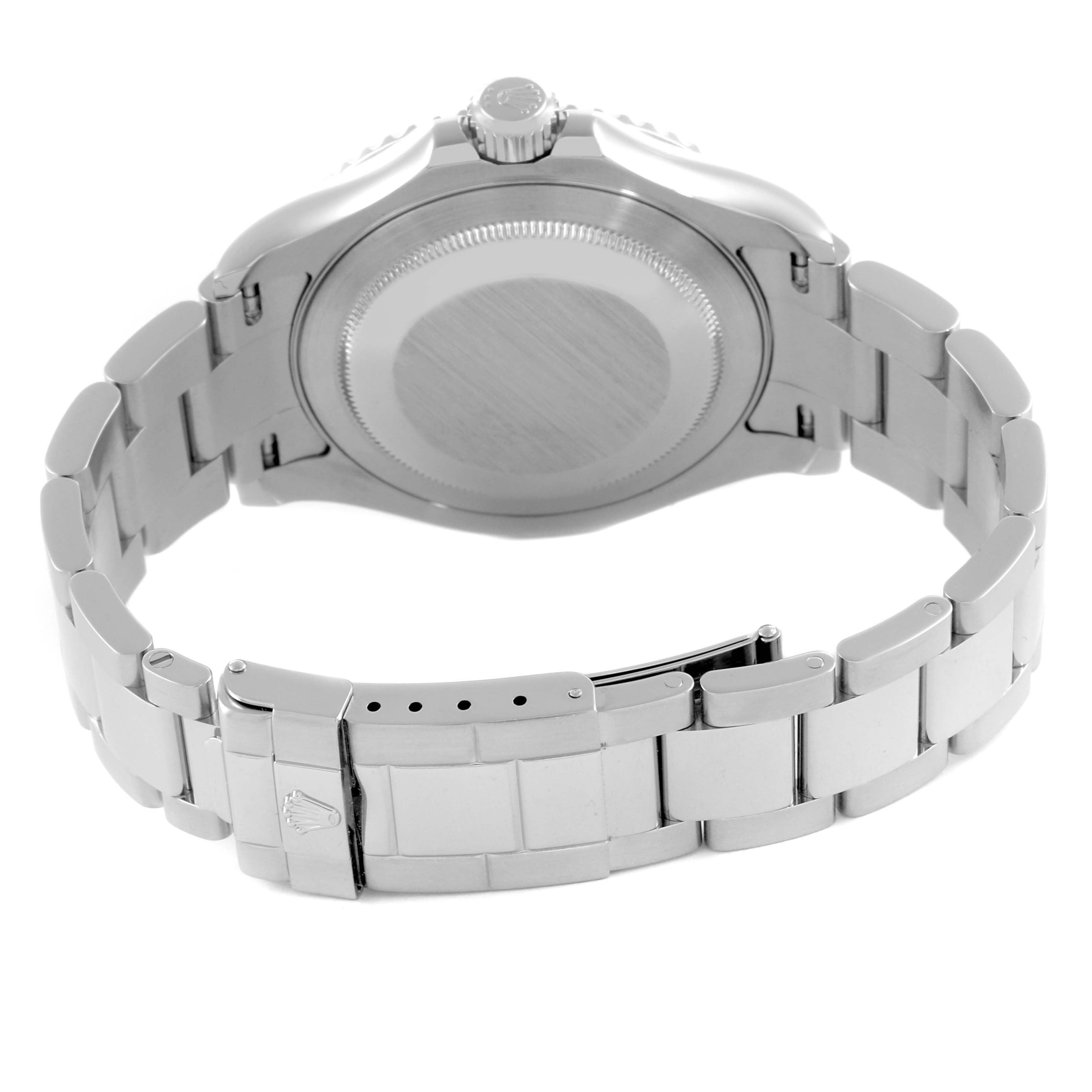 The image shows the back view of a Rolex Yacht-Master 16622 Men's Stainless Steel Silver Dial 16622 Men's Stainless Steel Silver Dial watch, highlighting its stainless steel bracelet and clasp.