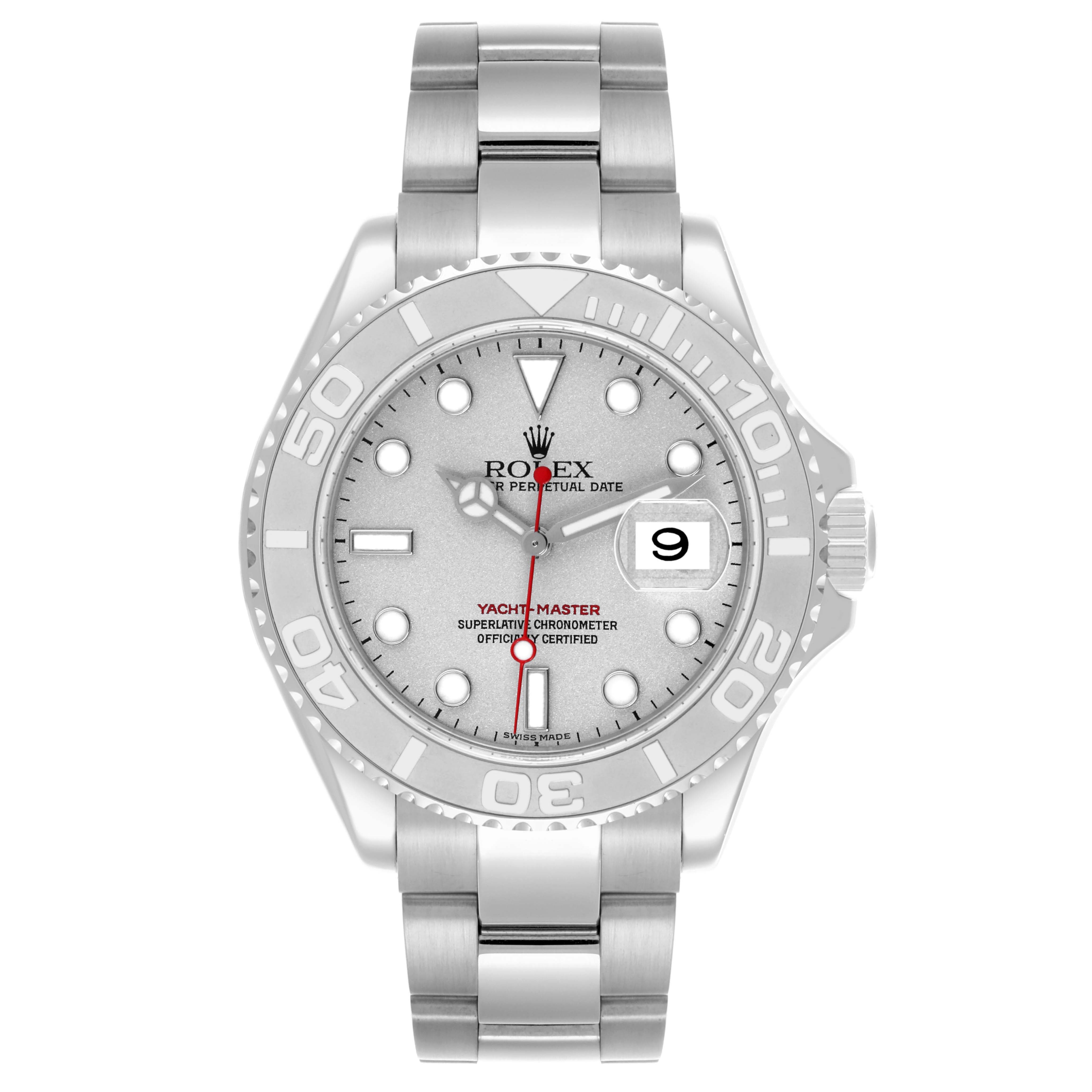The Rolex Yacht-Master 16622 Men's Stainless Steel Silver Dial 16622 Men's Stainless Steel Silver Dial watch is shown in a front view, displaying the dial, bezel, and bracelet.
