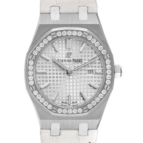 The image shows a front view of an Audemars Piguet Royal Oak 67651ST.ZZ.1261ST.01 Women's Stainless Steel Silver Dial 67651ST.ZZ.1261ST.01 Women's Stainless Steel Silver Dial watch, displaying the dial, bezel, and watch strap.