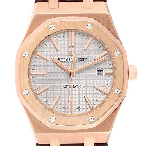 This image shows a front view of the Audemars Piguet Royal Oak 15400OR.OO.D088CR.01 Men's Rose Gold White Dial 15400OR.OO.D088CR.01 Men's Rose Gold White Dial watch, highlighting the dial, bezel, and crown.