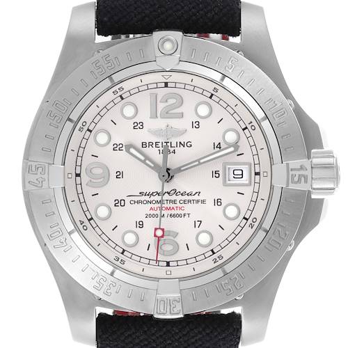 The Breitling Superocean A1739010/G591-2LT Men's Stainless Steel Silver Dial A1739010/G591-2LT Men's Stainless Steel Silver Dial watch is shown from the front, displaying its dial, bezel, crown, and strap.