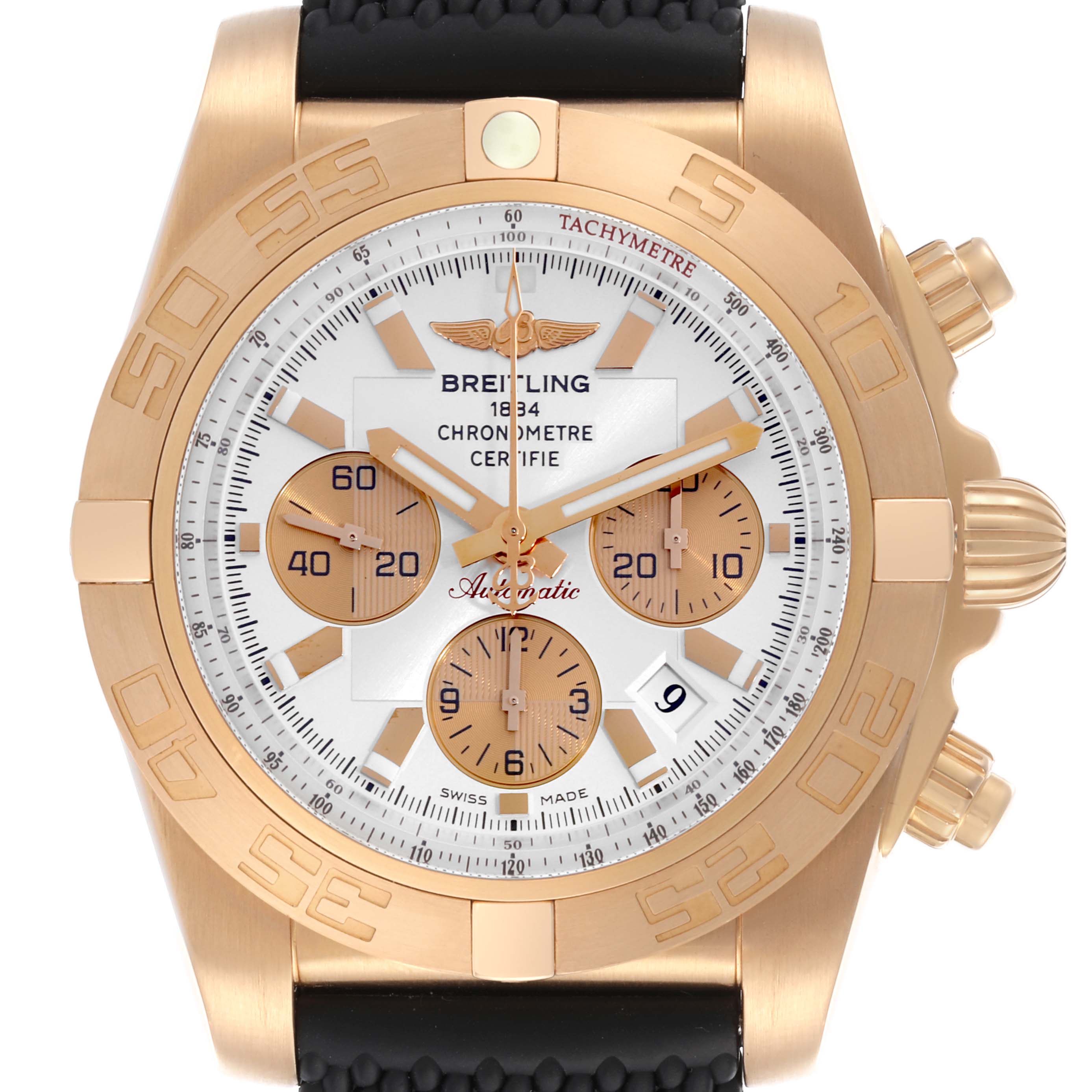 The image shows a front view of a Breitling Chronomat HB0110 Men's Rose Gold Silver Dial HB0110 Men's Rose Gold Silver Dial with a gold case, black strap, and visible chronograph dials and date display.