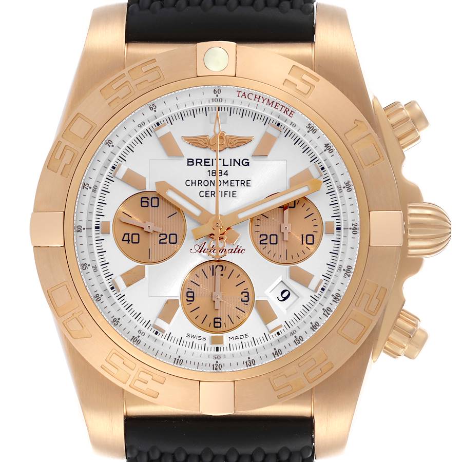 The image shows a front view of a Breitling Chronomat HB0110 Men's Rose Gold Silver Dial HB0110 Men's Rose Gold Silver Dial with a gold case, black strap, and visible chronograph dials and date display.