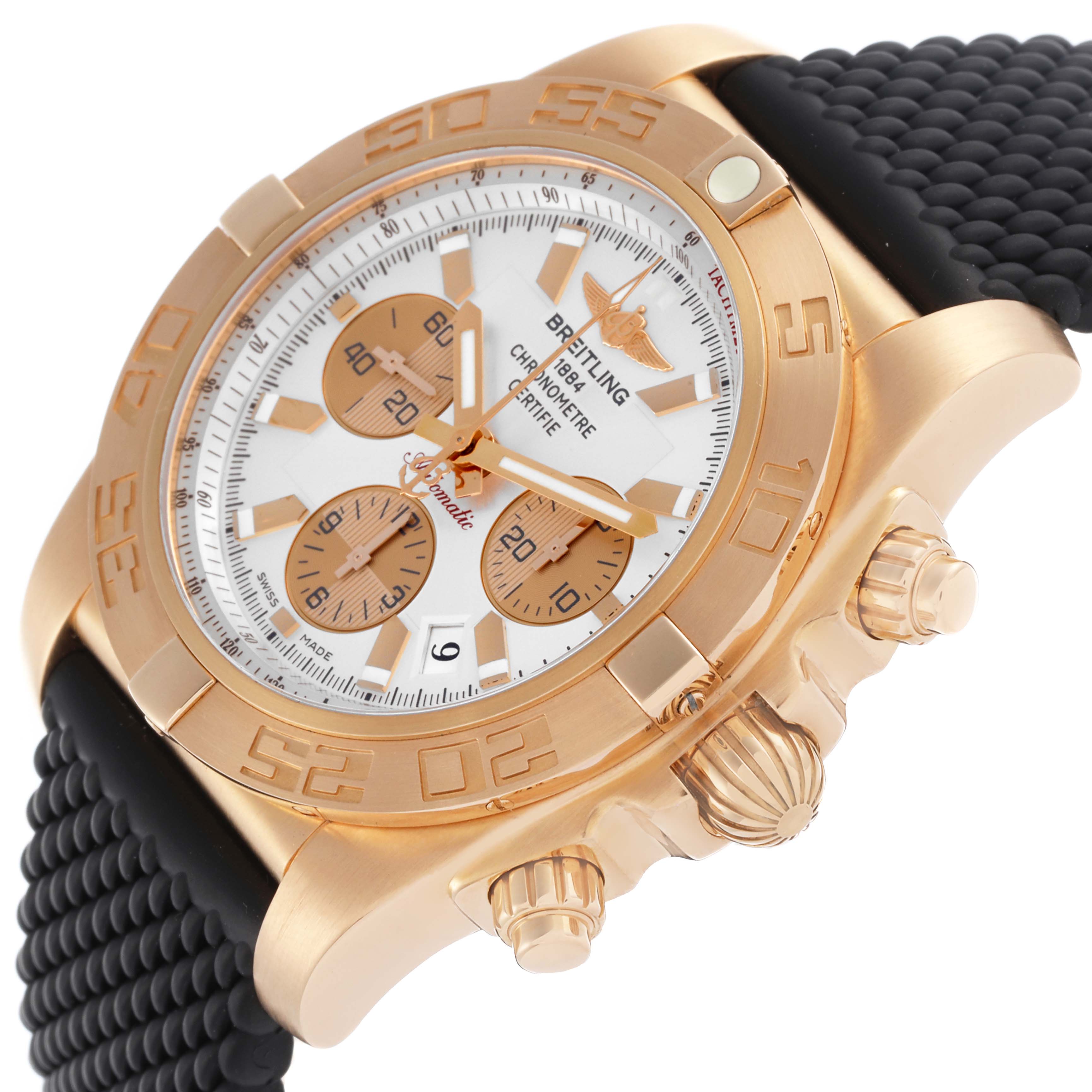 The Breitling Chronomat HB0110 Men's Rose Gold Silver Dial HB0110 Men's Rose Gold Silver Dial watch is shown at an angle highlighting the face, bezel, crown, and pushers.