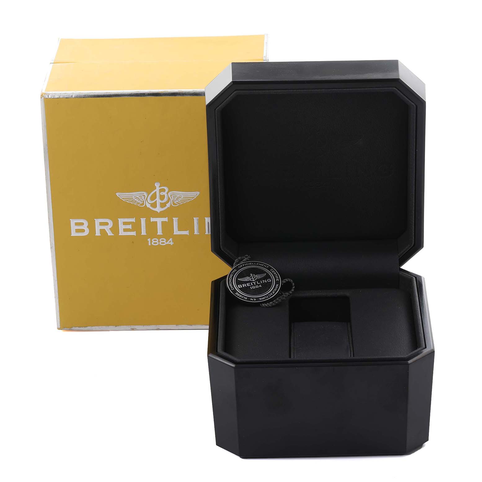 The image shows a Breitling Chronomat HB0110 Men's Rose Gold Silver Dial HB0110 Men's Rose Gold Silver Dial watch box and outer packaging from a frontal angle, with the box open.