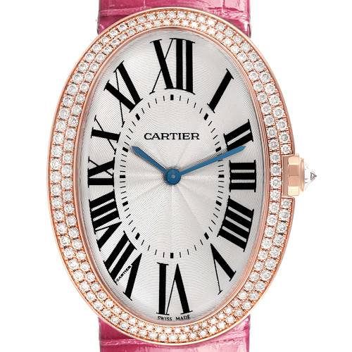 The Cartier Baignoire WB520005 Women's Rose Gold Silver Dial WB520005 Women's Rose Gold Silver Dial watch is shown front-on, highlighting its diamond-encrusted bezel, dial, and Roman numeral markers.