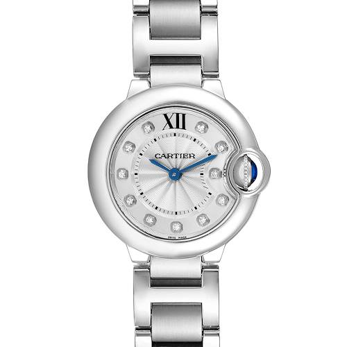 The Cartier Ballon Bleu WE902073 Women's Stainless Steel Silver Dial WE902073 Women's Stainless Steel Silver Dial watch is shown from the front, displaying the dial, bezel, and part of the bracelet.