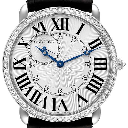 This image shows a frontal view of the Cartier Ronde WR007002 Men's White Gold Silver Dial WR007002 Men's White Gold Silver Dial model, highlighting its dial, bezel, and part of the leather strap.