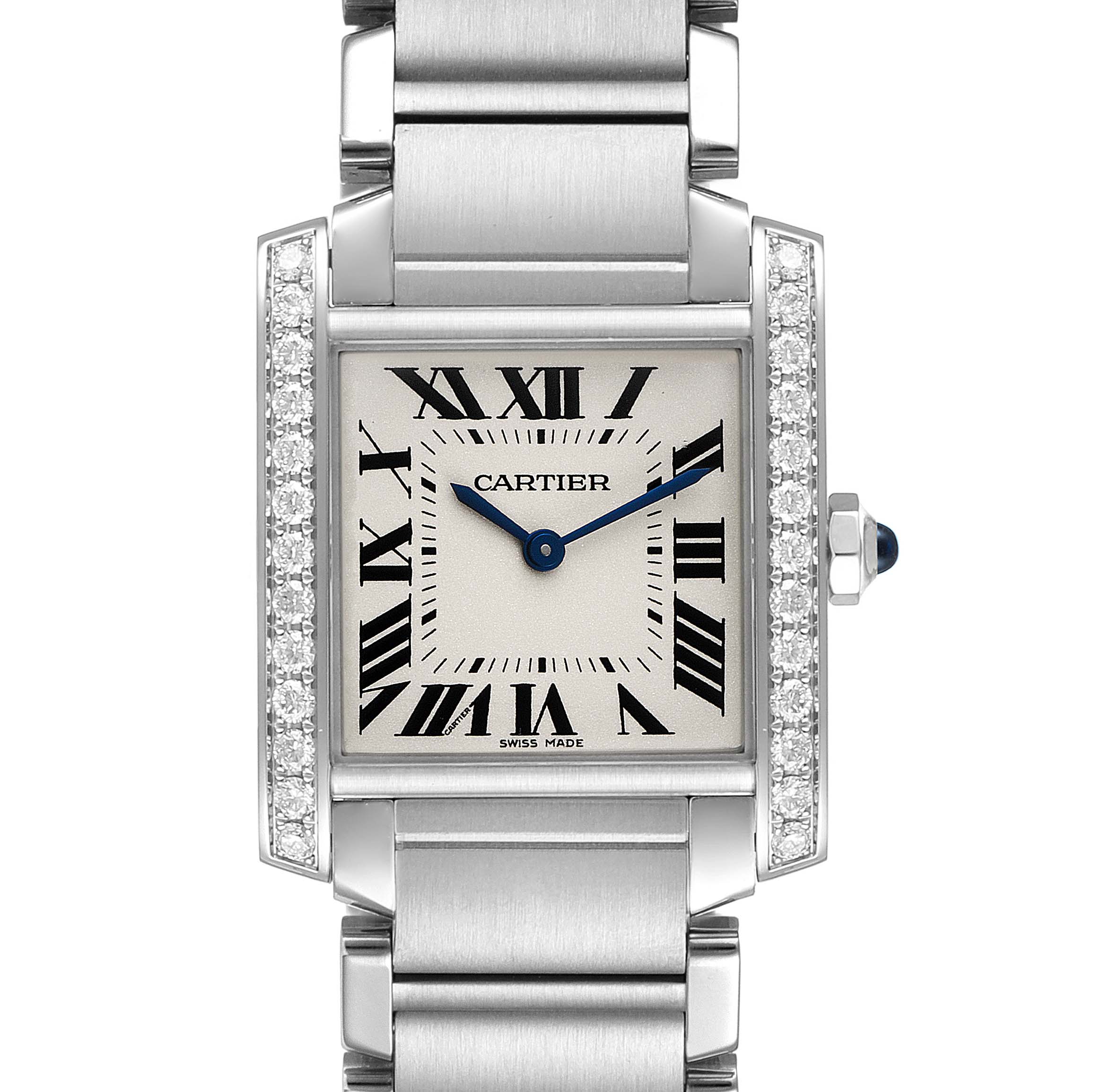 This image shows a front view of a Cartier Tank Française watch, highlighting its rectangular face, Roman numerals, blue hands, and diamond accents.