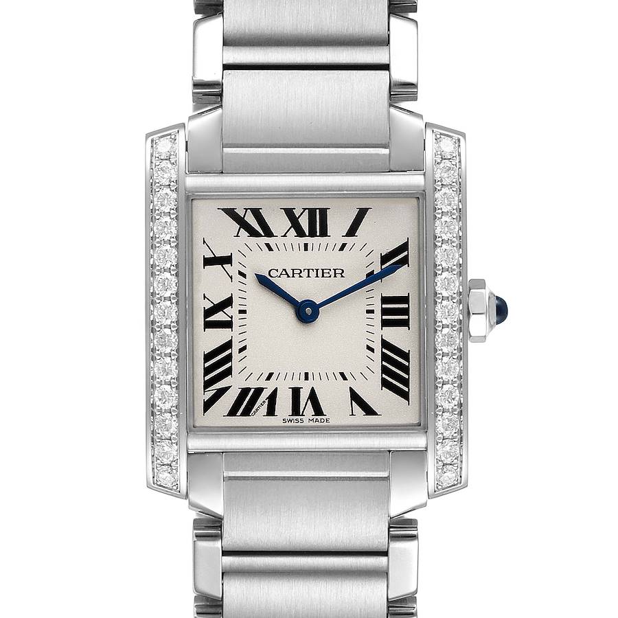This image shows a front view of a Cartier Tank Française watch, highlighting its rectangular face, Roman numerals, blue hands, and diamond accents.