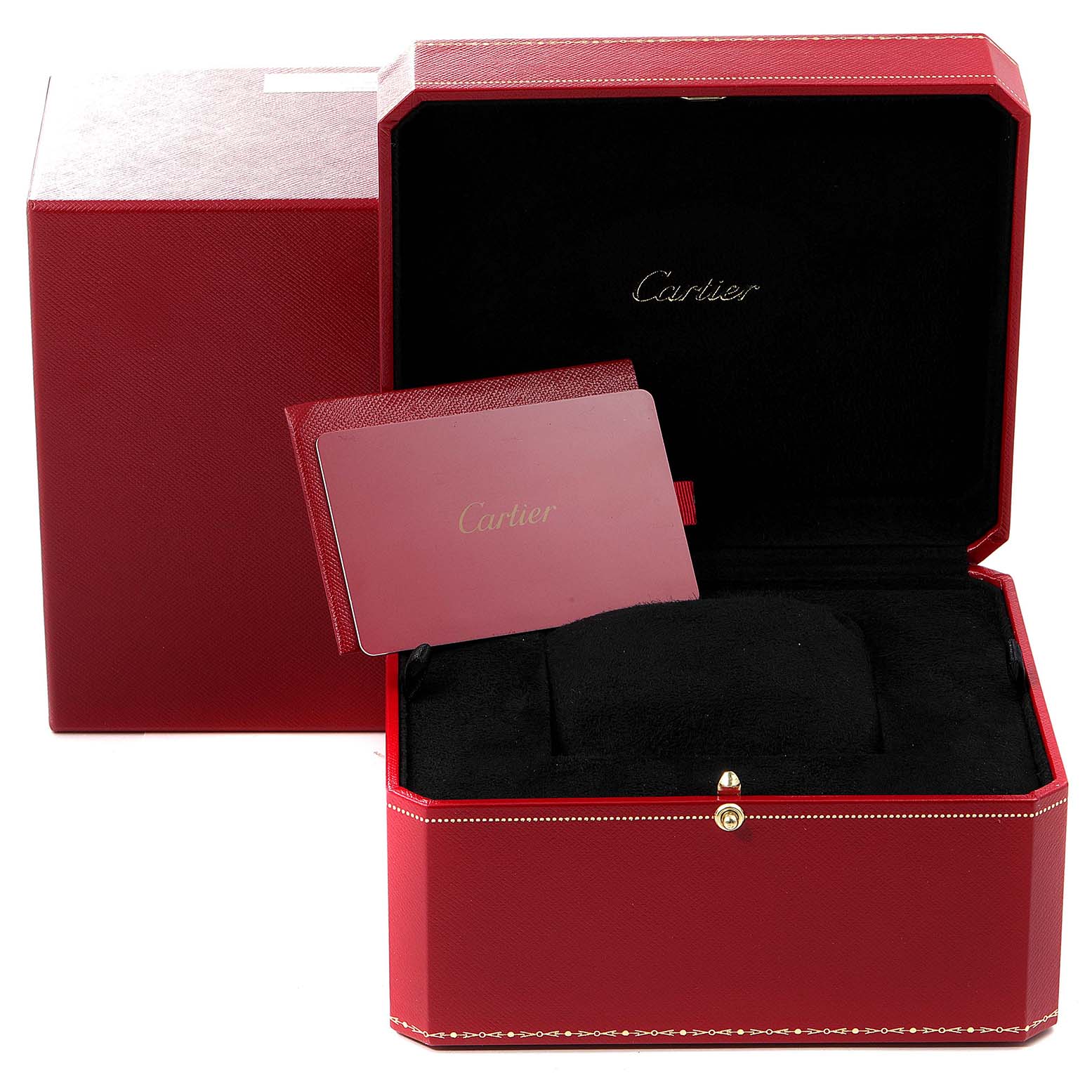 This image displays the open presentation box and certificate holder for a Cartier Tank Francaise W4TA0009 Women's Stainless Steel Silver Dial W4TA0009 Women's Stainless Steel Silver Dial watch.